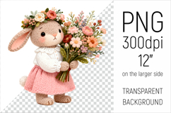 Knitted Bunny with Flowers Clipart. Spring Floral Animal Illustration is perfect for spring-themed nursery decor, greeting cards, seasonal gifts, and sublimation products.