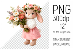 Knitted Bunny with Flowers Clipart. Spring Floral Animal Illustration is perfect for spring-themed nursery decor, greeting cards, seasonal gifts, and sublimation products.