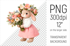 Knitted Bunny with Flowers Clipart. Spring Floral Animal Illustration is perfect for spring-themed nursery decor, greeting cards, seasonal gifts, and sublimation products.