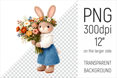 Knitted Bunny with Flowers Clipart. Spring Floral Animal Illustration is perfect for spring-themed nursery decor, greeting cards, seasonal gifts, and sublimation products.