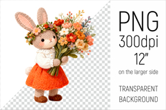 Knitted Bunny with Flowers Clipart. Spring Floral Animal Illustration is perfect for spring-themed nursery decor, greeting cards, seasonal gifts, and sublimation products.