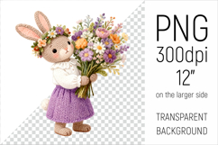 Knitted Bunny with Flowers Clipart. Spring Floral Animal Illustration is perfect for spring-themed nursery decor, greeting cards, seasonal gifts, and sublimation products.