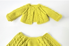 Knitted cardigan and matching booties for 11-13 inch (28-33 cm) Waldorf dolls, including PDF patterns and step-by-step tutorials for creating handmade doll clothes, perfect for DIY knitting projects, printable and beginner-friendly.