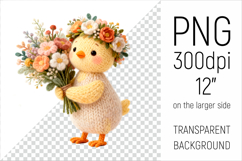 Knitted Chicken with Flowers Clipart. Perfect for Mothers Day gifts, birthday designs, spring celebrations, and heartfelt handmade creations.