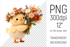 Knitted Chicken with Flowers Clipart. Perfect for Mothers Day gifts, birthday designs, spring celebrations, and heartfelt handmade creations.