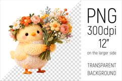 Knitted Chicken with Flowers Clipart. Perfect for Mothers Day gifts, birthday designs, spring celebrations, and heartfelt handmade creations.