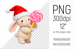 Knitted Christmas Bunny with Lollipop. This illustration is created in a soft, cozy, handmade knit style, making it ideal for seasonal crafts and gifts.