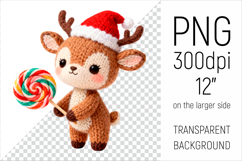 Knitted Christmas Deer with Lollipop Clipart. This illustration is created in a soft, cozy, handmade knit style, making it ideal for seasonal crafts and gifts.