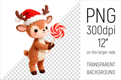 Knitted Christmas Deer with Lollipop Clipart. This illustration is created in a soft, cozy, handmade knit style, making it ideal for seasonal crafts and gifts.