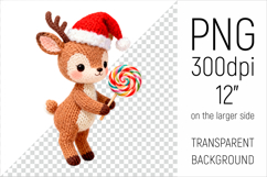 Knitted Christmas Deer with Lollipop Clipart. This illustration is created in a soft, cozy, handmade knit style, making it ideal for seasonal crafts and gifts.