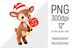 Knitted Christmas Deer with Lollipop Clipart. This illustration is created in a soft, cozy, handmade knit style, making it ideal for seasonal crafts and gifts.