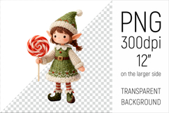 Knitted Christmas Elf Girl with Lollipop Clipart. This illustration is created in a soft, cozy, handmade knit style, making it ideal for seasonal crafts.