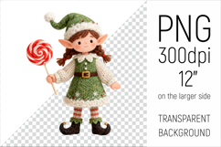Knitted Christmas Elf Girl with Lollipop Clipart. This illustration is created in a soft, cozy, handmade knit style, making it ideal for seasonal crafts.
