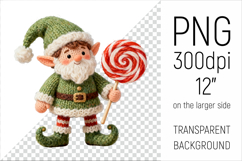 Knitted Christmas Elf with Lollipop Clipart. This illustration is created in a soft, cozy, handmade knit style, making it ideal for seasonal crafts.