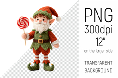 Knitted Christmas Elf with Lollipop Clipart. This illustration is created in a soft, cozy, handmade knit style, making it ideal for seasonal crafts.