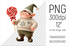 Knitted Christmas Elf with Lollipop Clipart. This illustration is created in a soft, cozy, handmade knit style, making it ideal for seasonal crafts.