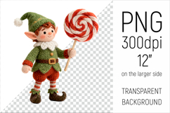 Knitted Christmas Elf with Lollipop Clipart. This illustration is created in a soft, cozy, handmade knit style, making it ideal for seasonal crafts.