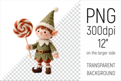 Knitted Christmas Elf with Lollipop Clipart. This illustration is created in a soft, cozy, handmade knit style, making it ideal for seasonal crafts.