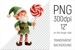 Knitted Christmas Elf with Lollipop Clipart. This illustration is created in a soft, cozy, handmade knit style, making it ideal for seasonal crafts.