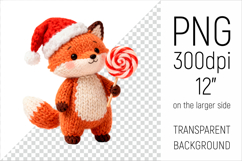 Knitted Christmas Fox with Lollipop Clipart. This illustration is created in a soft, cozy, handmade knit style, making it ideal for seasonal crafts, gifts, and digital creations.