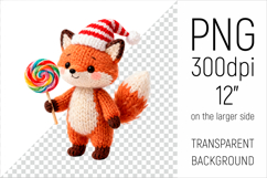 Knitted Christmas Fox with Lollipop Clipart. This illustration is created in a soft, cozy, handmade knit style, making it ideal for seasonal crafts, gifts, and digital creations.