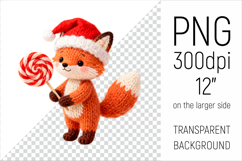 Knitted Christmas Fox with Lollipop Clipart. This illustration is created in a soft, cozy, handmade knit style, making it ideal for seasonal crafts, gifts, and digital creations.