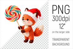 Knitted Christmas Fox with Lollipop Clipart. This illustration is created in a soft, cozy, handmade knit style, making it ideal for seasonal crafts, gifts, and digital creations.