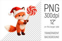 Knitted Christmas Fox with Lollipop Clipart. This illustration is created in a soft, cozy, handmade knit style, making it ideal for seasonal crafts, gifts, and digital creations.