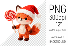 Knitted Christmas Fox with Lollipop Clipart. This illustration is created in a soft, cozy, handmade knit style, making it ideal for seasonal crafts, gifts, and digital creations.