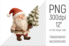 Knitted Christmas Gnome with Fir Tree Clipart. This illustration is created in a soft, cozy, handmade knit style, making it ideal for seasonal crafts.