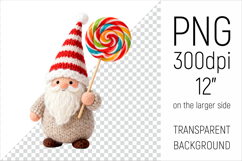 Knitted Christmas Gnome with Lollipop Clipart. This illustration is created in a soft, cozy, handmade knit style, making it ideal for seasonal crafts.