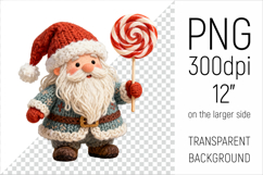 Knitted Christmas Gnome with Lollipop Clipart. This illustration is created in a soft, cozy, handmade knit style, making it ideal for seasonal crafts.