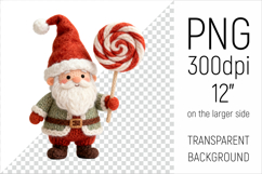 Knitted Christmas Gnome with Lollipop Clipart. This illustration is created in a soft, cozy, handmade knit style, making it ideal for seasonal crafts, gifts, and digital creations.