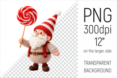 Knitted Christmas Gnome with Lollipop Clipart. This illustration is created in a soft, cozy, handmade knit style, making it ideal for seasonal crafts.