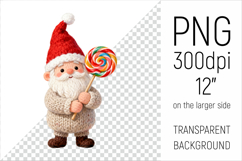 Knitted Christmas Gnome with Lollipop Clipart. This illustration is created in a soft, cozy, handmade knit style, making it ideal for seasonal crafts.