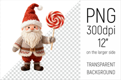 Knitted Christmas Gnome with Lollipop Clipart. This illustration is created in a soft, cozy, handmade knit style, making it ideal for seasonal crafts.