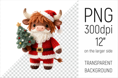 Knitted Christmas Highland Cow with Firtree Clipart. This illustration is created in a soft, cozy, handmade knit style, making it ideal for seasonal crafts, gifts, and digital creations