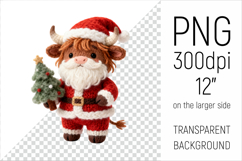 Knitted Christmas Highland Cow with Firtree Clipart. This illustration is created in a soft, cozy, handmade knit style, making it ideal for seasonal crafts, gifts, and digital creations