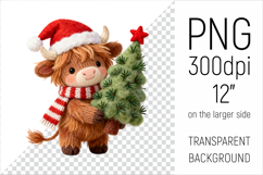 Knitted Christmas Highland Cow with Firtree Clipart. This illustration is created in a soft, cozy, handmade knit style, making it ideal for seasonal crafts, gifts, and digital creations
