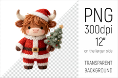 Knitted Christmas Highland Cow with Firtree Clipart. This illustration is created in a soft, cozy, handmade knit style, making it ideal for seasonal crafts, gifts, and digital creations