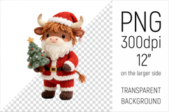 Knitted Christmas Highland Cow with Firtree Clipart. This illustration is created in a soft, cozy, handmade knit style, making it ideal for seasonal crafts, gifts, and digital creations