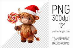 Knitted Christmas Highland Cow with Lollipop. This illustration is created in a soft, cozy, handmade knit style, making it ideal for seasonal crafts and gifts.