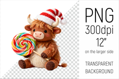 Knitted Christmas Highland Cow with Lollipop. This illustration is created in a soft, cozy, handmade knit style, making it ideal for seasonal crafts and gifts.