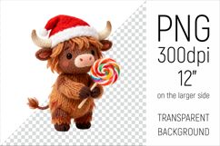 Knitted Christmas Highland Cow with Lollipop. This illustration is created in a soft, cozy, handmade knit style, making it ideal for seasonal crafts and gifts.