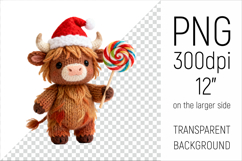 Knitted Christmas Highland Cow with Lollipop. This illustration is created in a soft, cozy, handmade knit style, making it ideal for seasonal crafts and gifts.