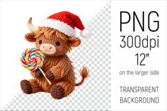 Knitted Christmas Highland Cow with Lollipop. This illustration is created in a soft, cozy, handmade knit style, making it ideal for seasonal crafts and gifts.