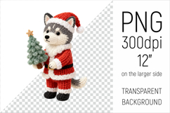Knitted Christmas Husky with firtree. This illustration is created in a soft, cozy, handmade knit style, making it ideal for seasonal crafts and gifts.