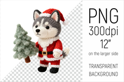 Knitted Christmas Husky with firtree. This illustration is created in a soft, cozy, handmade knit style, making it ideal for seasonal crafts and gifts.