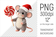 Knitted Christmas Mouse with Lollipop. This illustration is created in a soft, cozy, handmade knit style, making it ideal for seasonal crafts and gifts.