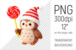 Knitted Christmas Owl with Lollipop. This illustration is created in a soft, cozy, handmade knit style, making it ideal for seasonal crafts and gifts.